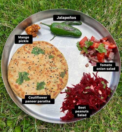 Indian thali, cauliflower paneer paratha